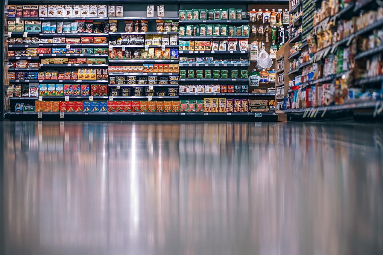 Grocery store aisle filled with packaged food products