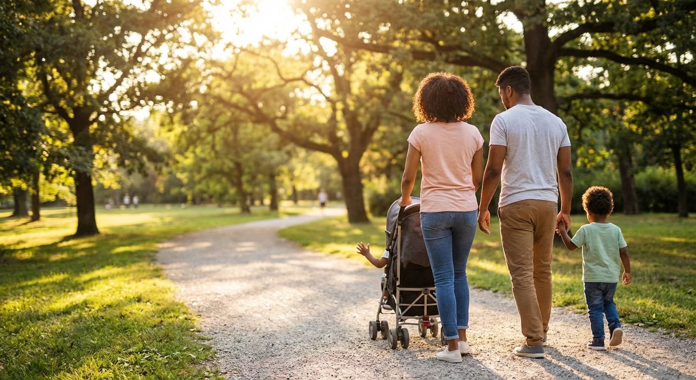 Family walking through a sunlit park